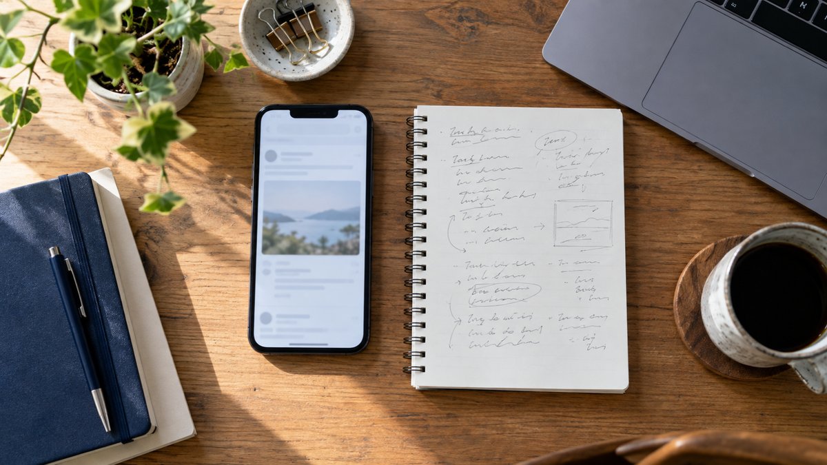 LinkedIn発信の立ち上げ支援のイメージ。机の上のスマートフォンに投稿の下書きが表示され、隣に手書きの投稿案のメモが置かれている